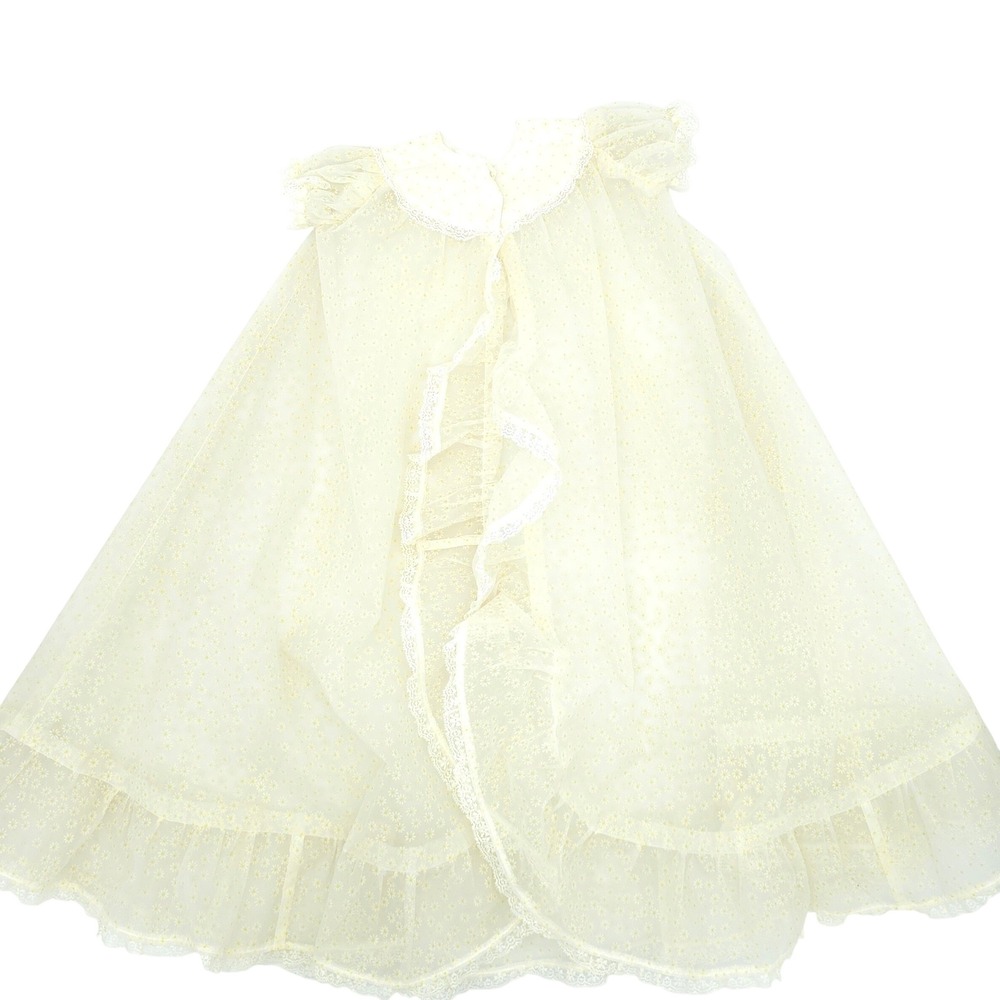 Vintage Baby Girl Sheer Yellow Daisy Floral Lace Ruffle Dressing Gown Robe 27"